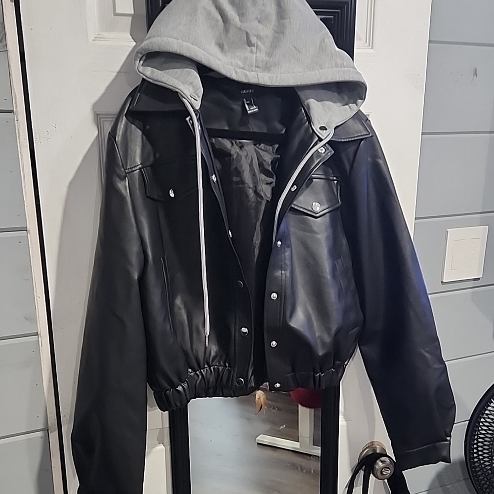 Black Faux Leather Jacket with Gray Hood